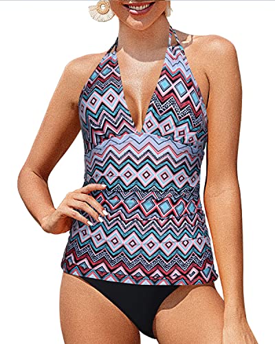 V-Neck Tankini Tops Bikini Bottoms For Women-Black Tribal