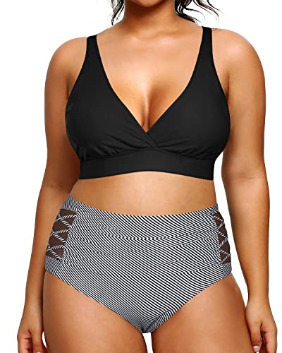 Women's Plus Size High Waisted Bikini Swimsuits Tummy Control Swimwear-Black Stripe