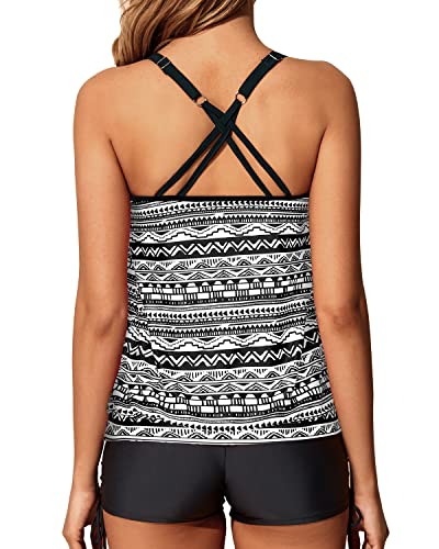Sporty Women's Blouson Tankini Swimsuit Two Piece Strappy Bathing Suit-Black Tribal