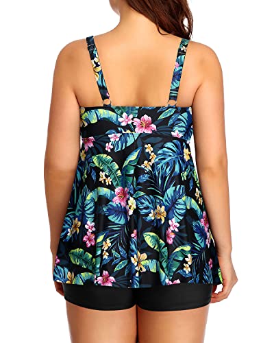 Two Piece Plus Size Tankini Swimsuits For Women Bowknot-Black Green Leaves