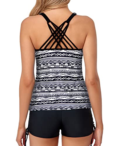 Scoop Neck Adjustable Shoulder Straps Two Piece Swimsuits For Women-Black Tribal
