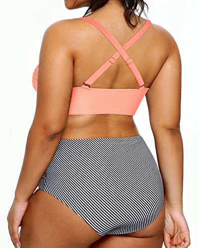 Adjustable Wide Straps Plus Size Two Piece Bathing Suits-Coral Pink Stripe