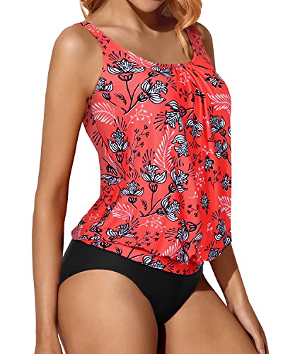 Tankini Swimsuits Removable Soft Bra And Triangle Briefs-Red Floral