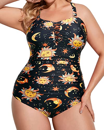 Ladies Ruched Tummy Control Plus Size One Piece Swimsuits-Black Sun And Moon