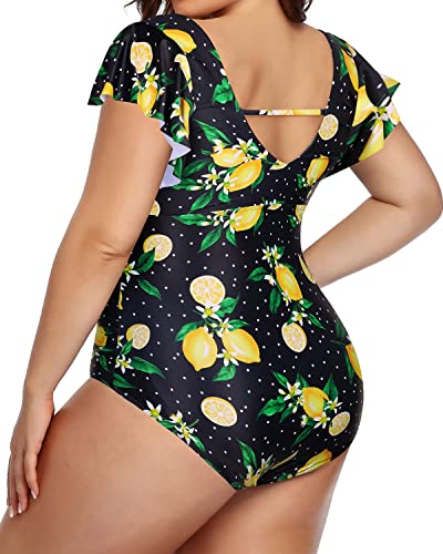 V-Neck Bathing Suits Ruffles Plus Size Swimsuits For Women-Lemon
