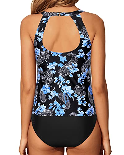 Tummy Control High Neck Tankini High Waisted Swim Shorts-Black Floral