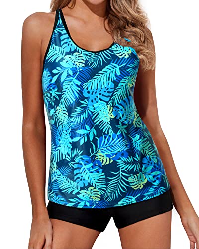 Adjustable Tankini Swimsuits For Women Mid-Waist Boy Short Bottoms-Blue Leaves