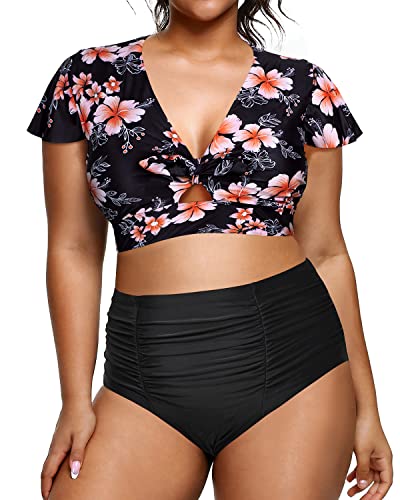 High Waisted Swimsuits Ruched Full Coverage Bottoms For Plus Size Women-Pink Flower