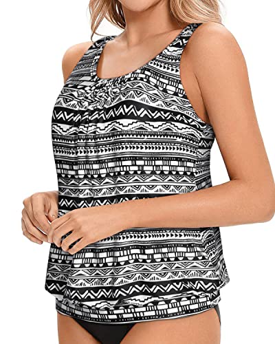 Adjustable Shoulder Straps Loose Fit Tank Top Women's Tankini Tops Only-Black And White Stripe