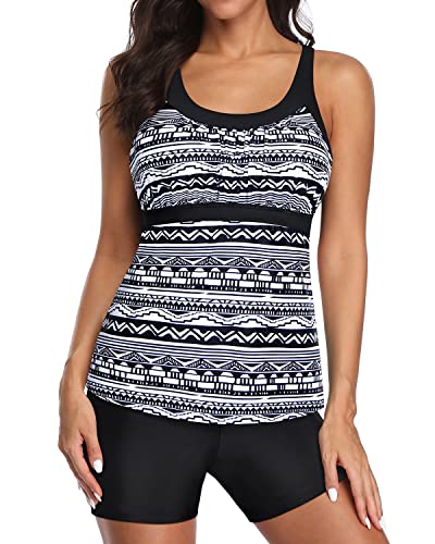Athletic Racerback Two Piece Tankini Bathing Suits For Women-Black Tribal