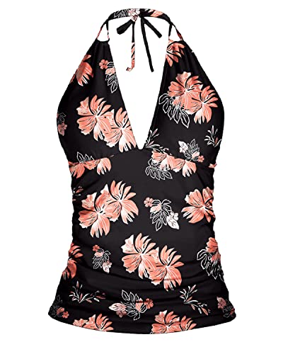 V Neck Halter Tankini Top Self Tie Adjustable Straps Backless Swimsuit-Black Orange Floral