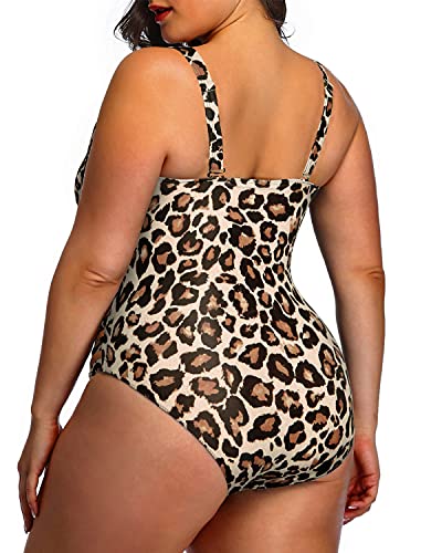Tummy Control One Piece Bathing Suit Plus Size Side Cutout Sexy Swimwear-Leopard