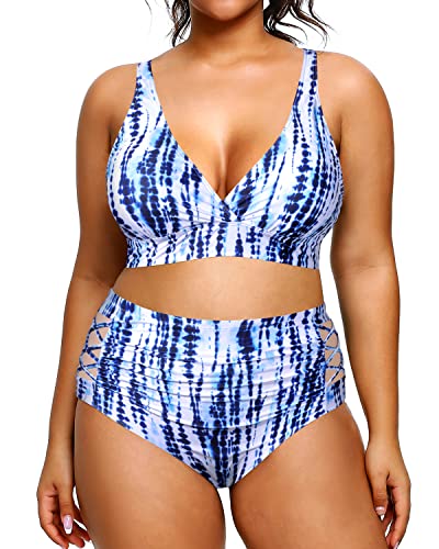 Volleyball Playing Plus Size Bikini High Waisted Bikini Swimsuits For Women-Blue Tie Dye
