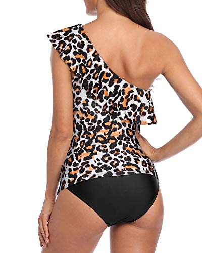 2 Piece Women's One Shoulder Tankini Swimsuit Tummy Control-Black And Leopard