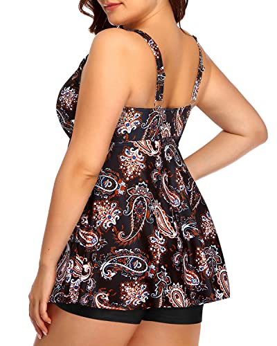 V Neck Plus Size Tankini Swimsuits Women Flowy Bathing Suits Shorts-Black Tribal