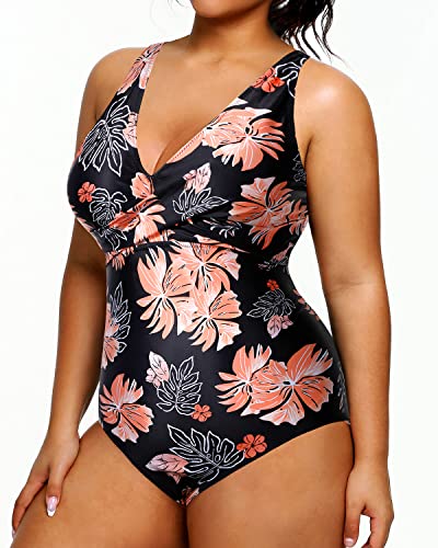 One Piece Plus Size Swimwear Push-Up Bra For Women-Black Orange Floral