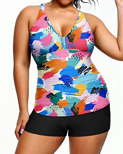 Plus Size Tankini Shorts Tummy Control Bathing Suit-Color Block