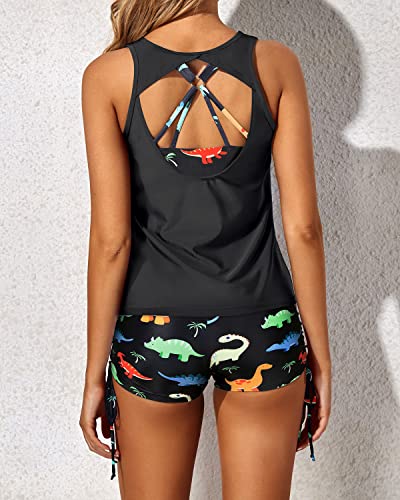 Modest And Stylish Tankini Swimwear Set Boy Shorts For Women-Black Dinosaur