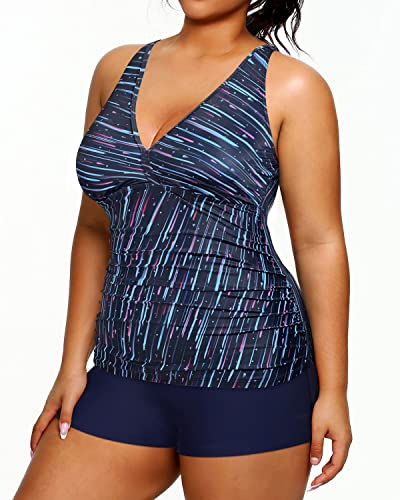 Women's Plus Size Tummy Control Tankini Swimsuit Shorts-Navy Blue