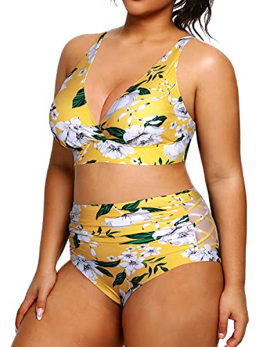 Tummy Control Plus Size Bikini High Waisted Bikini Swimsuits For Women-Yellow Flower