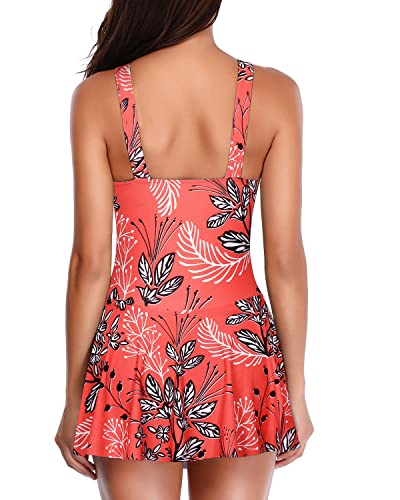 Vintage Style One Piece Swimdress For Women Built-In Bottom-Red Floral