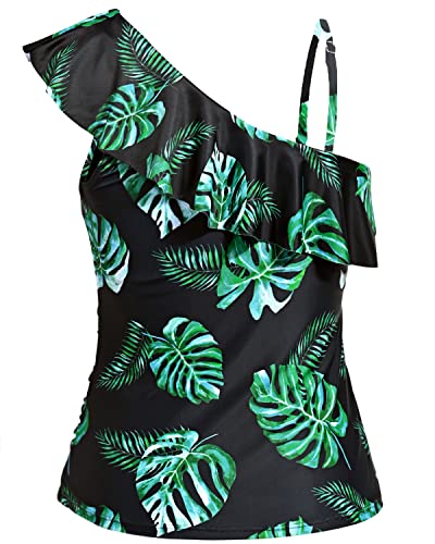 One Shoulder Tankini Tops Ruffle Flounce Ruched Swimsuit Tops-Black And Green Leaf