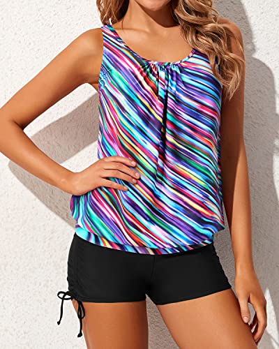 Built-In Sports Bras Tankini Swimsuits For Women Tops Boyshorts-Color Oblique Stripe