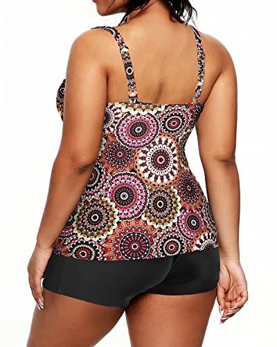 Athletic Women's Plus Size Swimwear High Waisted Bottom Tankini Sets-Brown Print