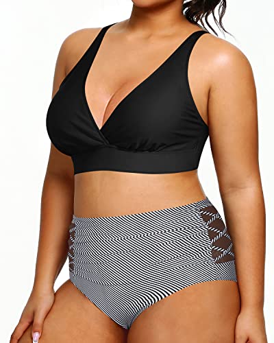 Women's Plus Size High Waisted Bikini Swimsuits Tummy Control Swimwear-Black Stripe