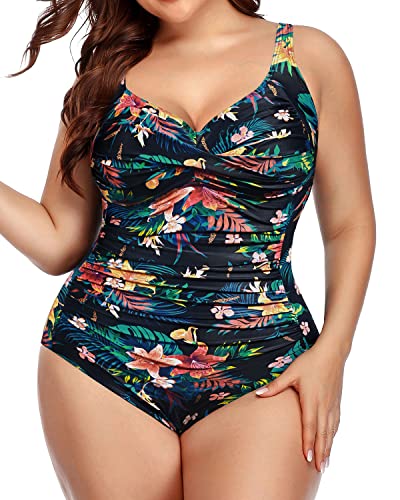 One Piece Swimsuits Tummy Control Bathing Suits Twist Front Ruched Swimwear-Black Flower