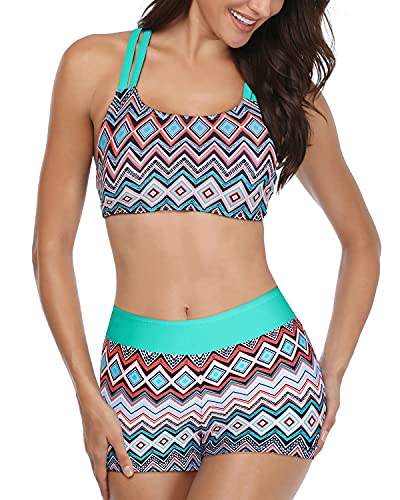 Modest Tankini Swimsuits Built-In Padded Bra 3 Piece Swimwear For Women-Green Tribal