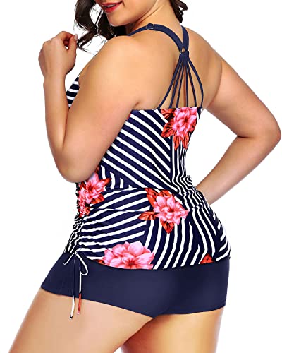 Women's Plus Size Tankini Swimsuit Top Shorts Athletic 2 Piece Swimwear-Blue Floral