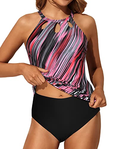 Comfortable And Trendy High Waisted Two Piece Tankini Swimsuit-Pink Stripe