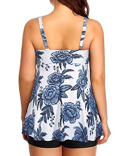 Tummy Control Swimwear Flattering Fit For Ladies-White And Blue Floral