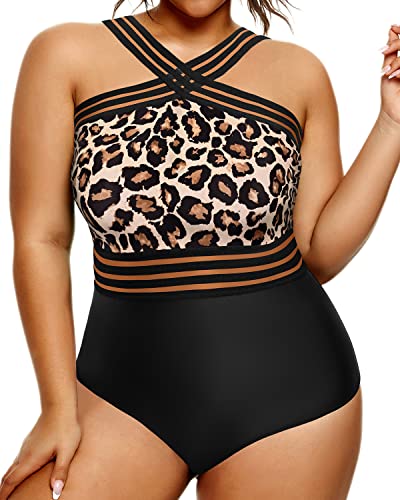 High Waist Full Coverage Monokini Swimsuits For Women Plus Size Swimming Suits-Black And Leopard