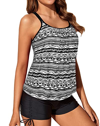Sporty Women's Blouson Tankini Swimsuit Two Piece Strappy Bathing Suit-Black Tribal