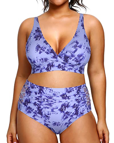 Women's Plus Size Bikini High Waisted Two Piece Swimsuits Tummy Control-Blue Tie Dye