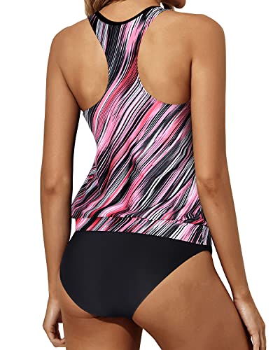 Racerback Two Piece Tankini Bathing Suits For Women Tummy Control-Pink Stripe