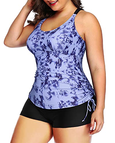 Push Up Bra Tighten Drawstring Pleated Hem Strappy Tankini-Blue Tie Dye