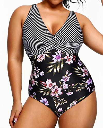 Plus Size One Piece Swimsuit For Women Tummy Control Slimming Swimwear-Stripes And Flowers