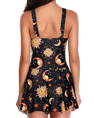 Modest Tummy Control Swim Dresses For Women One Piece-Black Sun And Moon