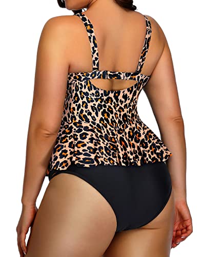 Retro Ruffle Tankini Tops Lace Strappy Sides Bikini Bottoms For Women-Brown Leopard