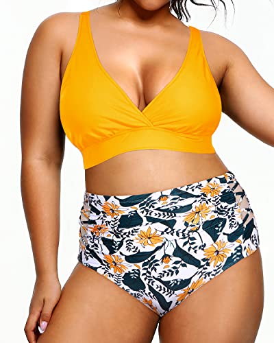 Plus Size Bikini High Waisted Two Piece Swimsuit Push-Up Padded Bra-Yellow Floral