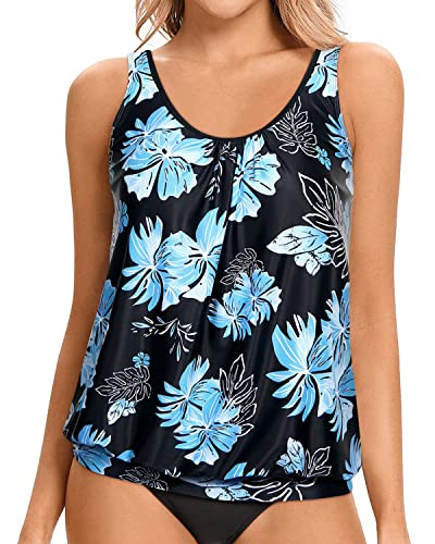 Tankini Tops For Women Blouson Style Modest And Athletic-Black Blue Floral