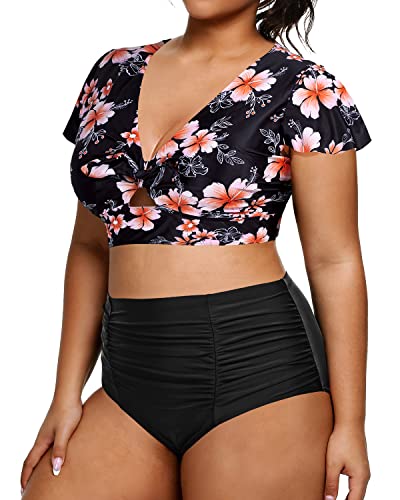 High Waisted Swimsuits Ruched Full Coverage Bottoms For Plus Size Women-Pink Flower