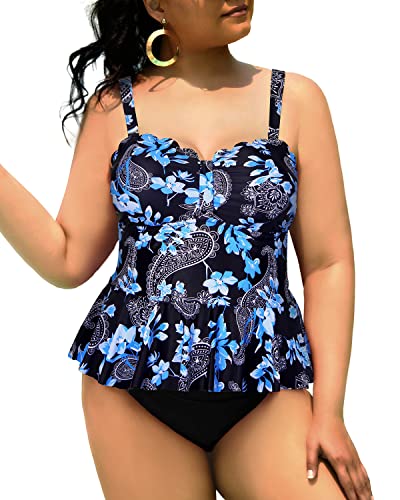 Plus Size 2 Piece Tankini Swimsuits Tummy Control Bathing Suits-Black Floral