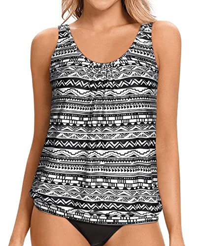 Adjustable Shoulder Straps Loose Fit Tank Top Women's Tankini Tops Only-Black And White Stripe