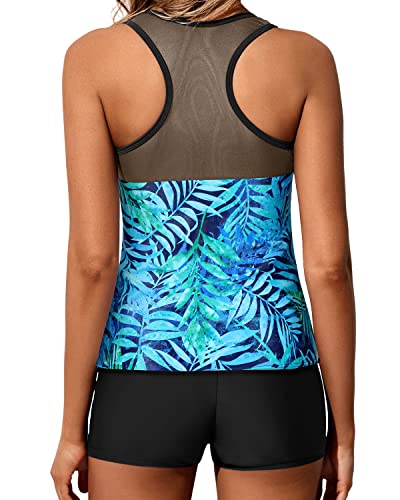 Flattering Racerback Tank Top Boy Shorts For Junior Girls' Swimsuits-Dark Blue Green Leaves