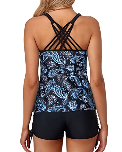 Women's Tankini Swimsuits High Waisted Boy Shorts-Blue Paisley