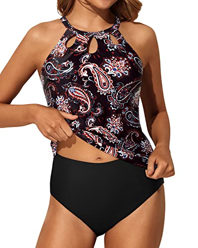 Trendy High Neck Two Piece Tummy Control Tankini Swimwear-Black Tribal